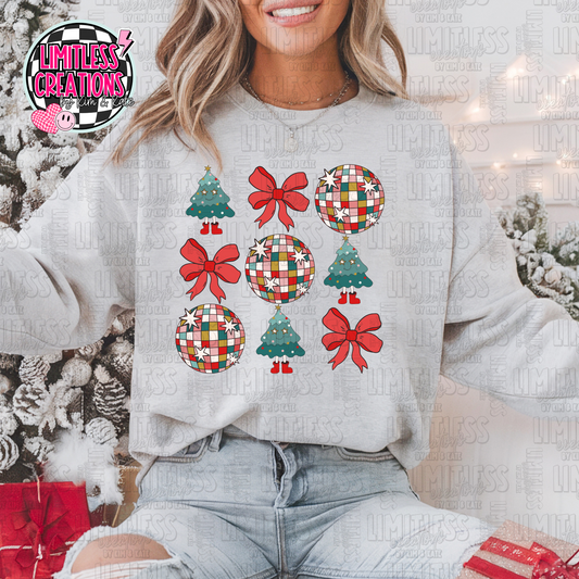 Retro Coquette Christmas trees, bows, disco ball  shirt