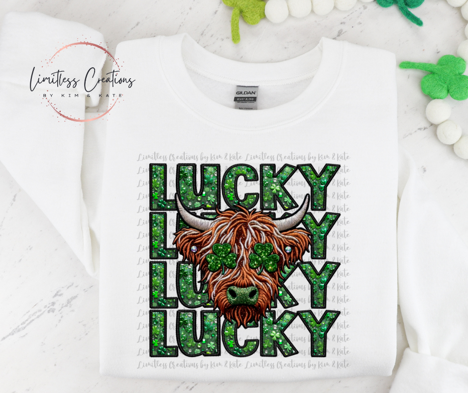 Lucky Highland Cow Faux Glitter St Patrick's Day Shirt