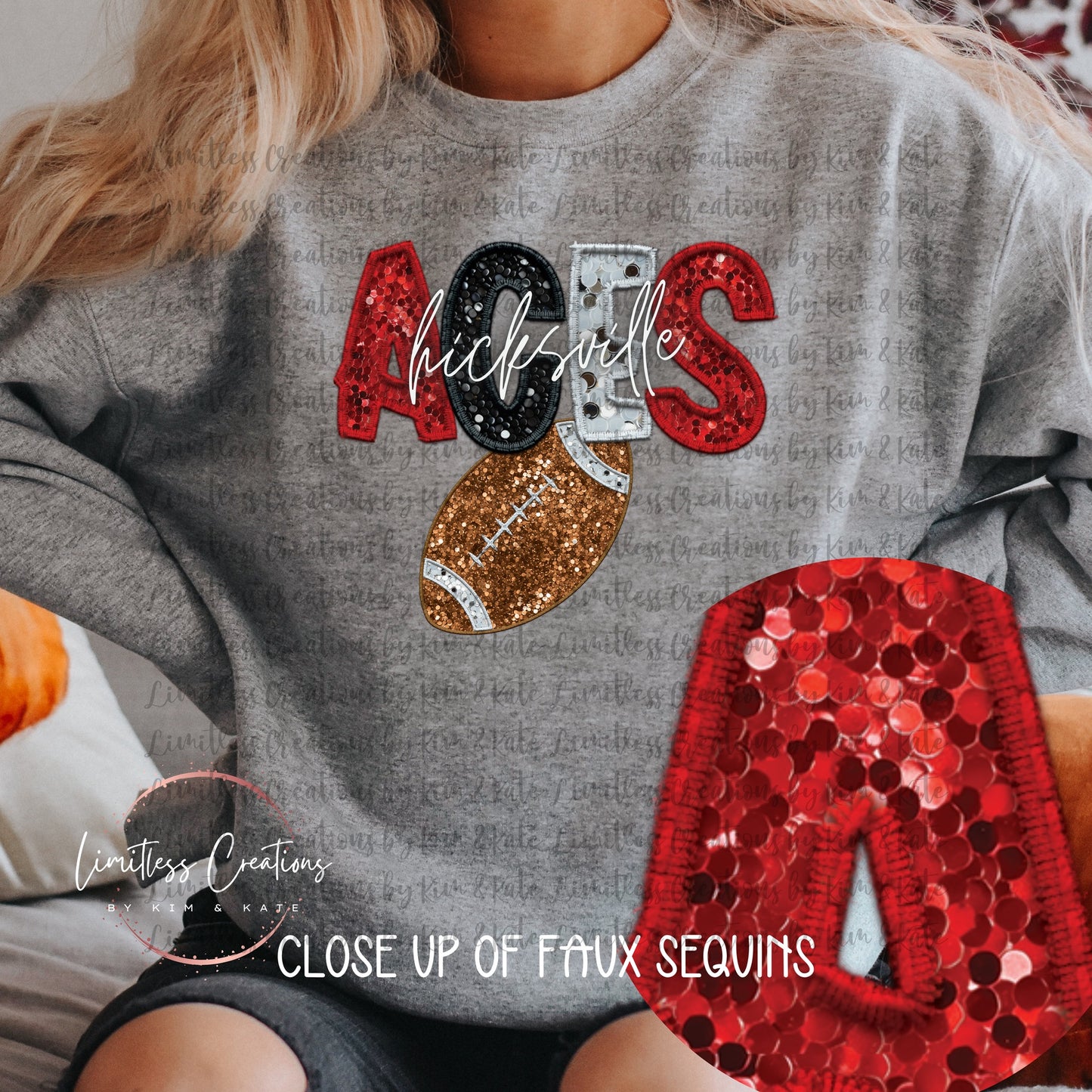 Red Black and White Faux Sequin Aces Football Shirt