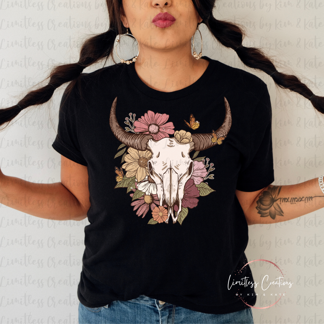 Boho Cow Skull with flowers and butterfly graphic tee